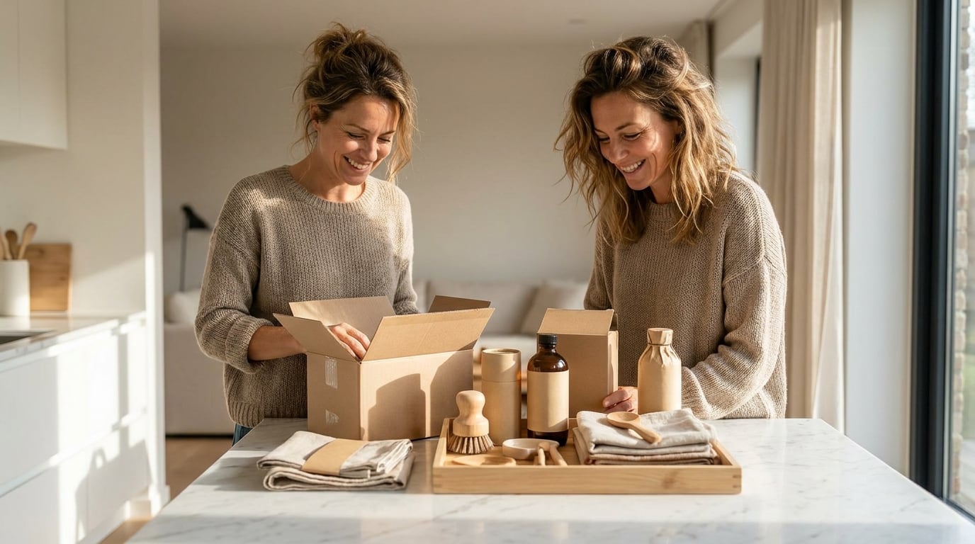 A shopper smiling as she unpacks a bundle of products together on a marble kitchen counter